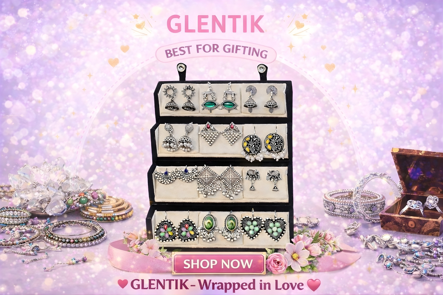 GLENTIK – Wrapped in Love ❤️. 12 Pair Oxidised Earring Gift Set Affordable. Perfect for Gifting.