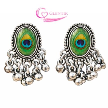 Peacock Feather Studded Ghunghru Drop Oxidised Earrings. GLENTIK – Wrapped in Love ❤️.