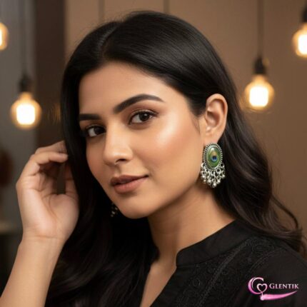 Peacock Feather Studded Ghunghru Drop Oxidised Earrings. GLENTIK – Wrapped in Love ❤️.