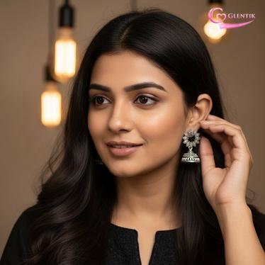 Jaipuri Flower Oxidized Jhumka Earrings. GLENTIK – Wrapped in Love ❤️