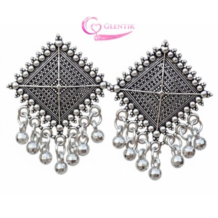 Square Oxidised Studded Ghunghru Drop Earrings. GLENTIK – Wrapped in Love ❤️.