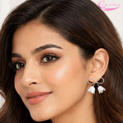 Rose Gold Bow White Flower Studs Earrings. GLENTIK – Wrapped in Love ❤️.